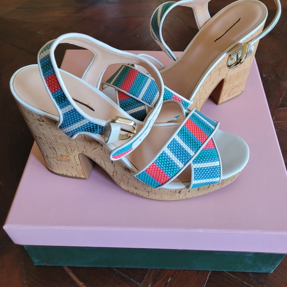 Kate Spade New York Grace Striped Raffia Platform Cork Heels Sandals size 10B - Picture 3 of 5